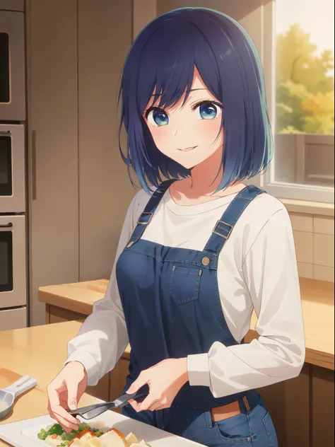 masterpiece, highest quality, 8K, ultra high resolution, highest quality, anime style, best writing, beautiful face, beautiful lighting, 1 girl, alone, Akane, (Long-sleeved shirt:1.3), (jeans:1.3), (cooking:1.3), kitchen, smile