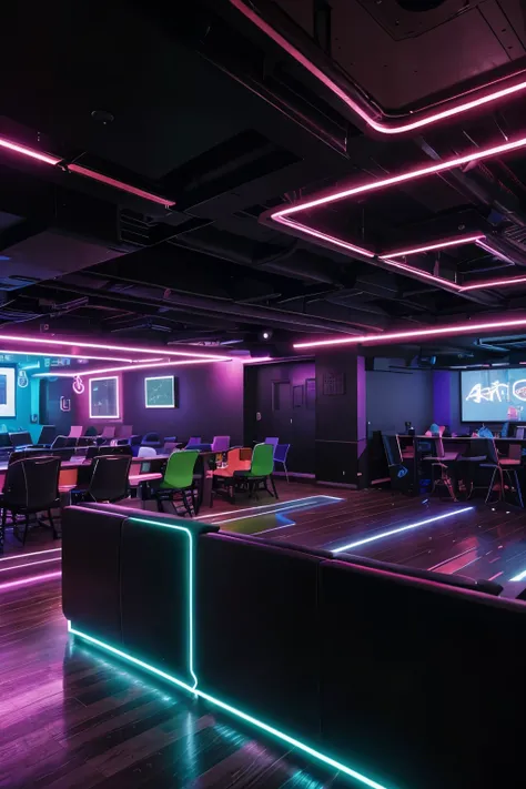 Picture a vibrant and energetic coworking space designed with the theme of a dynamic dance club. The AI should create a detailed description of this innovative workspace, capturing the essence of a nightclub atmosphere. Imagine collaborative work areas wit...