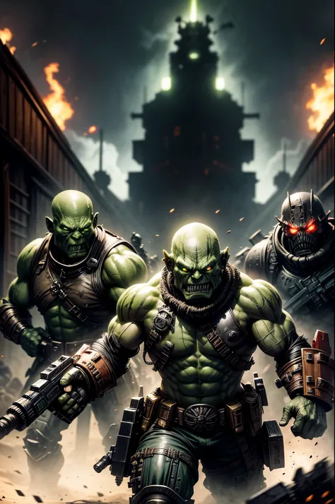 a horde of green-skinned sci-fi orks with guns and chainswords charging at the screen, grimdark, warhammer 40k