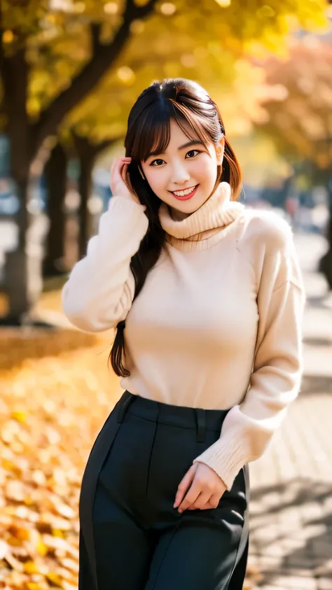 (realistic, photo-realistic:1.4), (extremely detailed 8k wallpaper), bokeh, detailed beautiful eyes and skin, (Image from thighs to head:1.3), ultra res, (Japanese idol:1.4), 25yo, beautiful woman, smile, large breast, Stylish camel coat with high-waisted ...