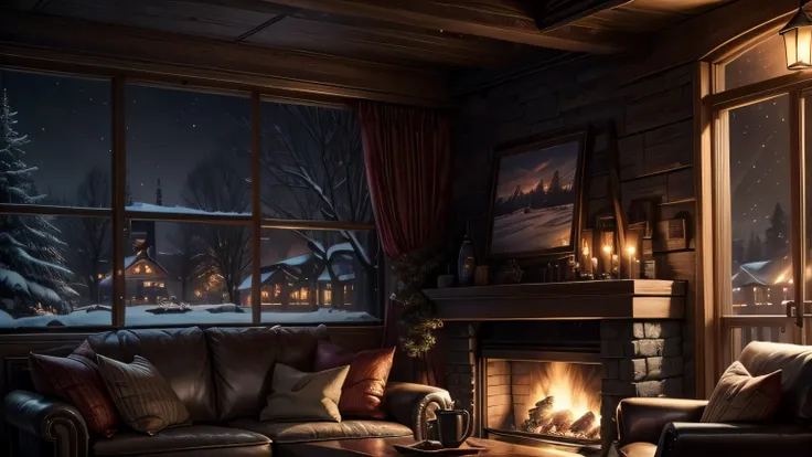 coffee shop with a fireplace and sofa chairs, cozy place, warm beautiful scene, cozy atmospheric, cozy environment, cozy setting, winter setting, cosy enchanted scene, very realistic, cozy atmosphere, cozy and peaceful atmosphere, cozy and calm, beautiful ...