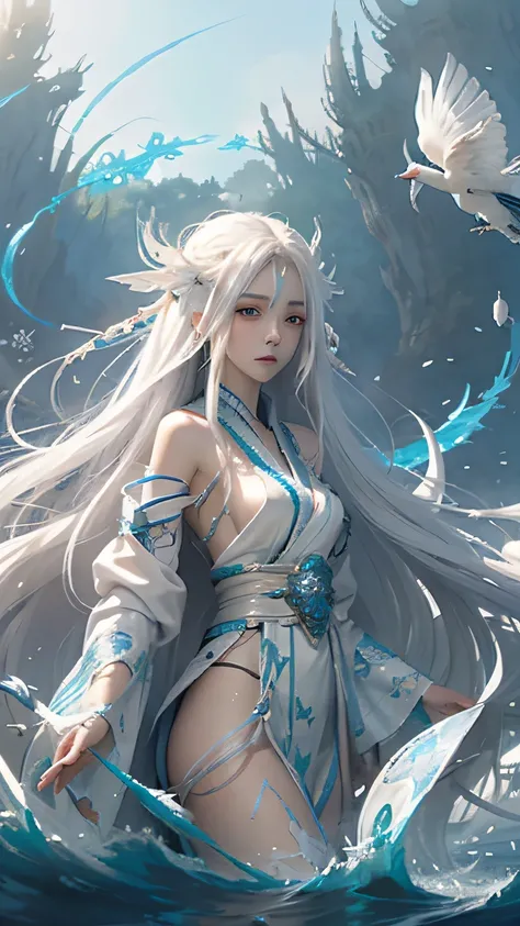 A pixiv competition winner, fantasy art, white-haired god, beautiful character painting, guvez style artwork, dazzling gaze of Yuki Onna, guweiz, long white hair, flowing hair and robes, cute big eyes, illustrations, fine lines, deep color