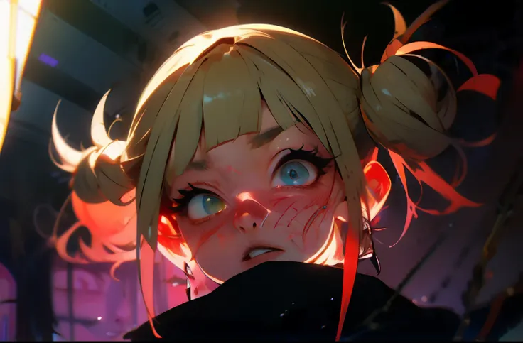 master piece,himiko toga,full body,school uniform,laughting,looking at viewer,the finger at viewer,crazy eyes,dinamic light,mise...