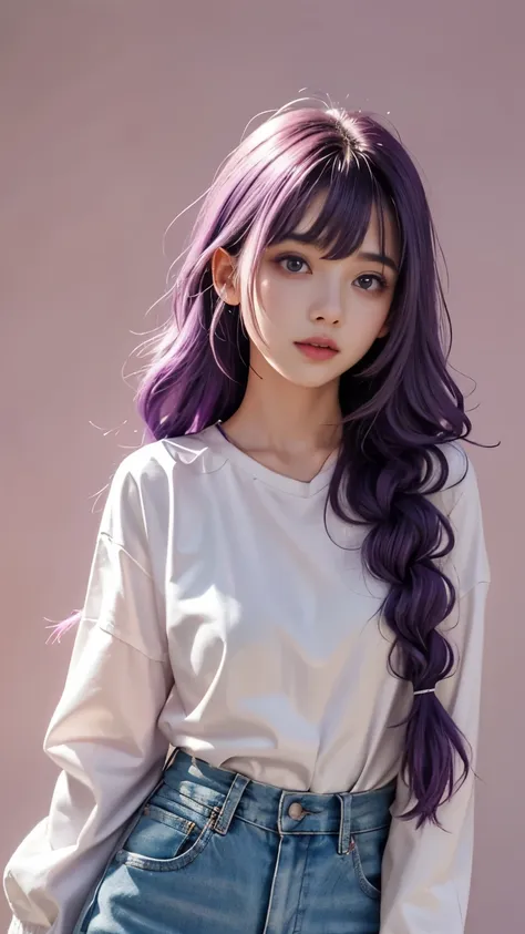 1 6 year old girl，cute little girl look，purple hair big breasts、purple hair、long hair、thick braid、purple eyes，cute pink lips，wea...