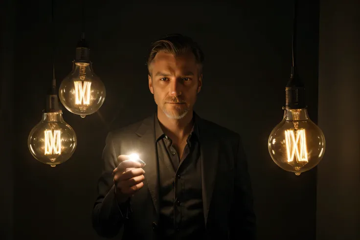 there is a man holding a light bulb in his hand and many bulbs around, creative lighting, advertising photo, surreal lighting, photo portrait, photoshoot, сinematic lighting, product lighting, advertising studio lighting, advertising lighting, advertising ...