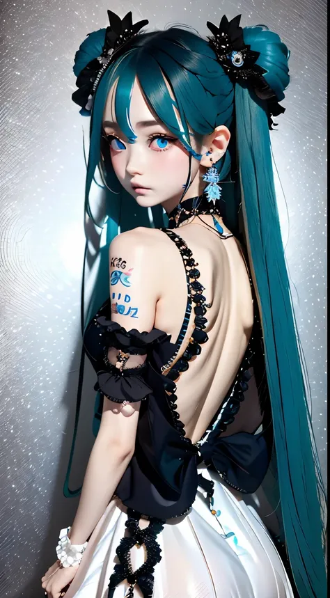 hair ornaments、earrings、tattoo、goth_punk, 1 girl, alone,、highest quality, realistic, Super delicate illustration, Beautiful charming anime girl, miku hatsune, slender body, tied hair, one girl, a photo of girl, full body shot, beautiful blue eyes, looked b...