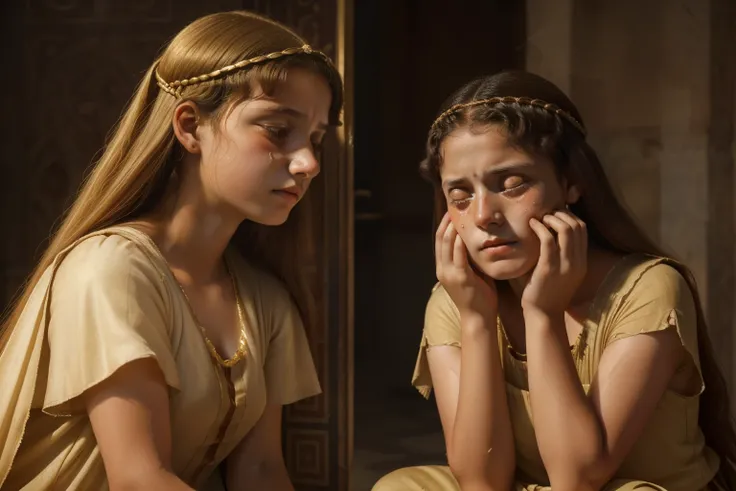 Rome, 77 BC. A young ((((15-year-old)) Cornelia Cinna)), at home, ((teary eyes, tears running down her face, unconsolable crying)). ((((roman clothings from the 1st century BC))))