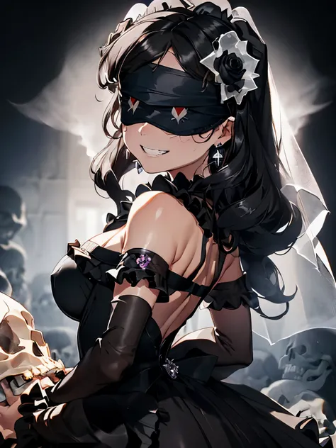 character//1 girl,(Shiny black hair that shines blue-black:1.2),((curly long hair:1.2)),((blindfold:1.5)),BREAK//((jet black wedding dress:1.3)),(A black dress with lots of frills and different hem lengths at the front and back.:1.4),((transparent black ve...