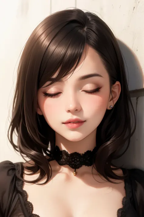 Close up shot of a woman who has closed her eyes and parted her perfect lips, blushing very hard, kissable face and lips, amazing makeup, against a wall