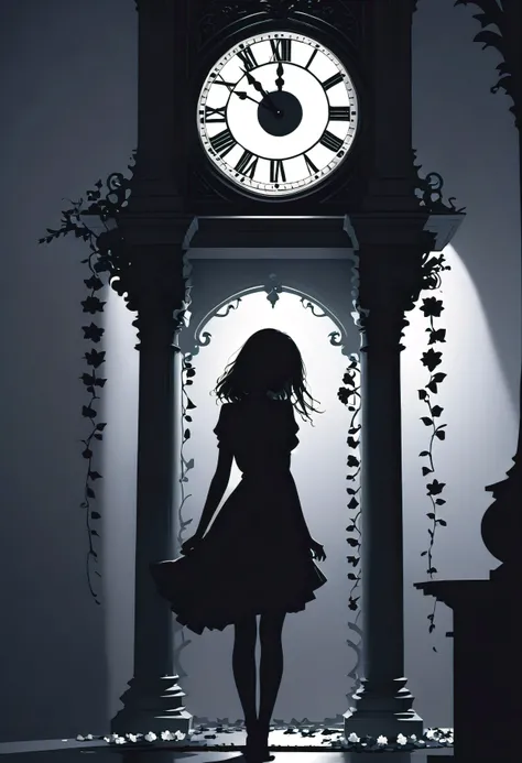 (Masterpiece in maximum 16K resolution:1.6), ((darkest_insane_silhouette_illustration):1.2),(intricate detail:1.4), (extremely insane detail:1.4),(highest quality:1.3),(Hyper_realistic:1.3). | Black and white, silhoutte art, female figure, elegant pose, fl...