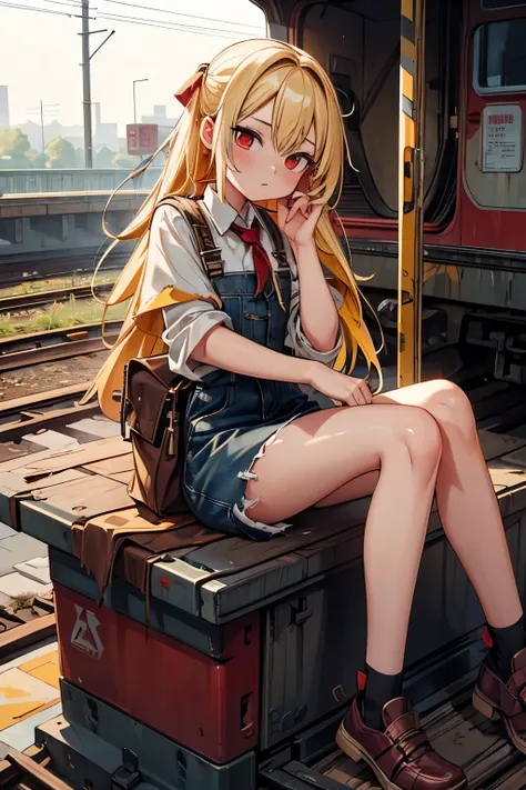 ((Masterpiece)), ((best quality)), (Professional Photography:1.2), there a girl with torn clothes, she has yellow hair and red eyes, sitting on railroad