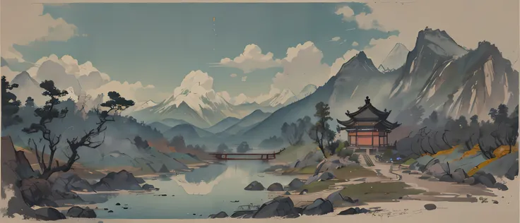 ultra high resolution，masterpiece，8k，wallpaper，highest quality，Very detailed，Shen Mengxi&#39;s paintings "Thousands of miles of rivers and mountains" Depicts a Song Dynasty style landscape painting, Meticulous brushwork combined with freehand brushwork. Am...