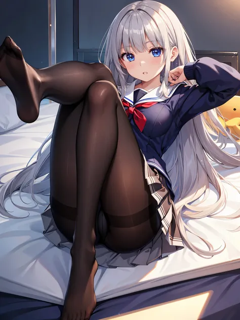 (1 girl),(high quality), (High resolution), (extremely detailed), (8K),(focus on lower body),(CG),high school girl、18-year-old girlfriend、girls high school uniform、navy pleated skirt、panties、(black pantyhose:1.2),erect nipple shape,No shoes、(neutral white ...