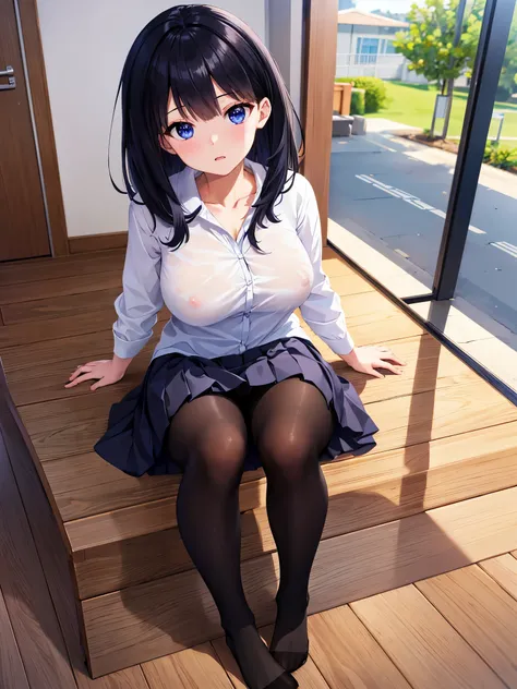 (1 girl),(high quality), (High resolution), (extremely detailed), (8K),(focus on lower body),(CG),high school girl、18-year-old girlfriend、girls high school uniform、navy pleated skirt、panties、(black pantyhose:1.2),erect nipple shape,No shoes、(neutral white ...