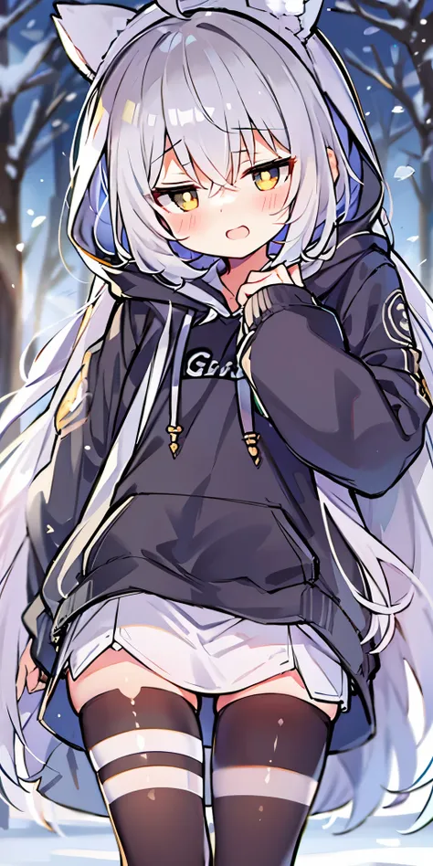 、long hair、cute、white stockings、Heart-shaped pupils、solo、gray hair、indoor、blush、winter、snow、outdoor,golden eyes、Ahoge、(((Black hoodie)))、
