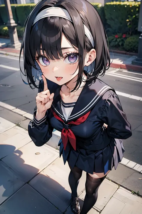 body 8 times longer than head, (Highly detailed CG unity 8k), (highest quality)，(very detailed)，(ultra high resolution), black hair, High school girl wearing a navy sailor suit, Anime 2D rendering, realistic young anime high school girl, ((White headband))...