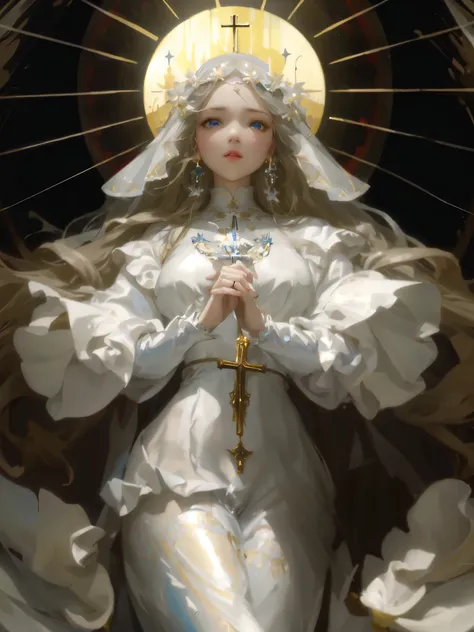 One wearing a white dress、Arafad image of woman wearing cross, Gurwitz Masterpiece, guweiz on pixiv artstation, guweiz on artstation pixiv, guweiz, guweiz style artwork, noble saint, baroque figures, queen of heaven, Popular topics on artstation pixiv，beau...