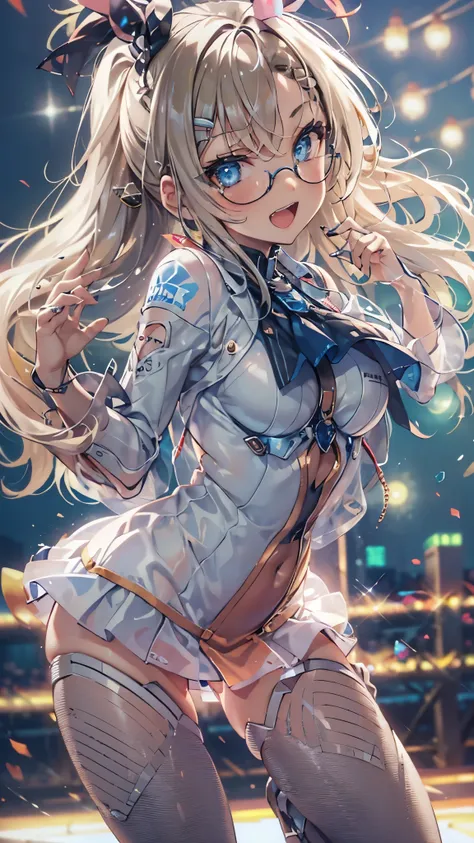 woman,14 years old,,city,night,(((white and blue tight miniskirt bodysuit))),,open mouth smile((See-through))glasses,((beautiful long ponytail)),((Baby girl body shape))((blonde))