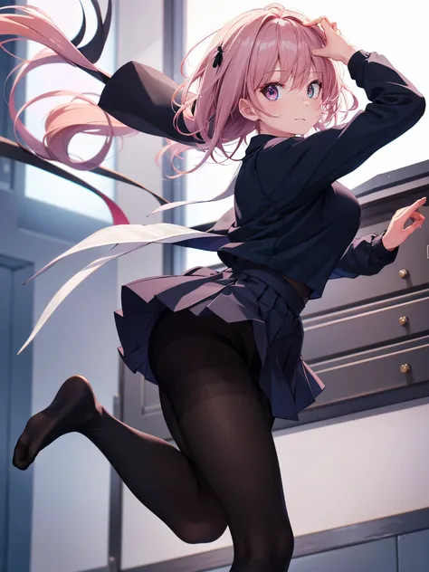 (1 girl),(high quality), (High resolution), (extremely detailed), (8K),(focus on lower body),(CG),high school girl、18-year-old girlfriend、girls high school uniform、navy pleated skirt、panties、(black pantyhose:1.2),erect nipple shape,No shoes、(neutral white ...