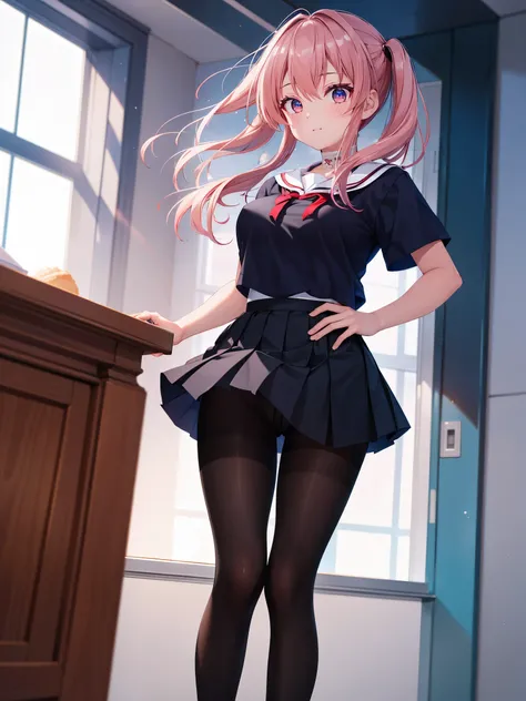 (1 girl),(high quality), (High resolution), (extremely detailed), (8K),(focus on lower body),(CG),high school girl、18-year-old girlfriend、girls high school uniform、navy pleated skirt、panties、(black pantyhose:1.2),(erect nipple shape),No shoes、(neutral whit...