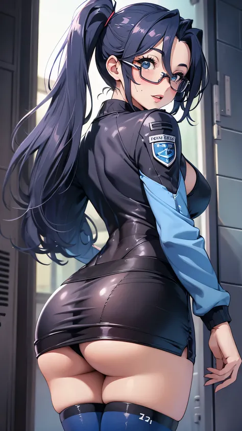 woman,25 years old,,city,night,(((white and blue tight miniskirt bodysuit))),,open mouth smile(())(glasses),((beautiful long ponytail)),(()),blush、surprised face,((())),((turn around and look back))wet with sweat