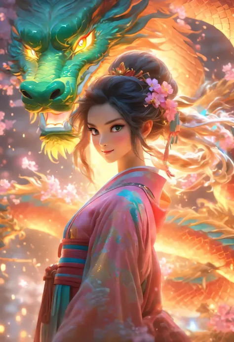 Anime girl standing confidently next to majestic Chinese dragon, Both in vibrant Niji style (Japanese: rainbow, "rainbow"), girl in modern clothes, Colorful kimono that combines traditional and modern elements, Her hair flowed，Decorated with radiant floral...