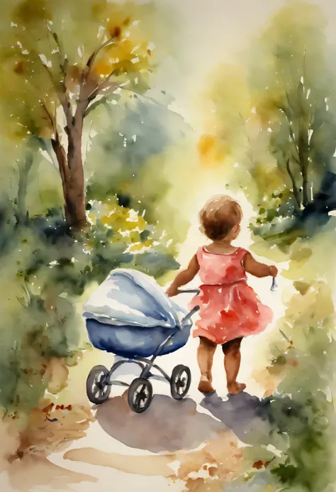 baby itoddler in a park walking toward the artistn a cradle