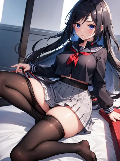 (1 girl),(high quality), (High resolution), (extremely detailed), (8K),(focus on lower body),(CG),high school girl、18-year-old girlfriend、girls high school uniform、navy pleated skirt、panties、(black pantyhose:1.2),(erect nipple shape),No shoes、(neutral whit...