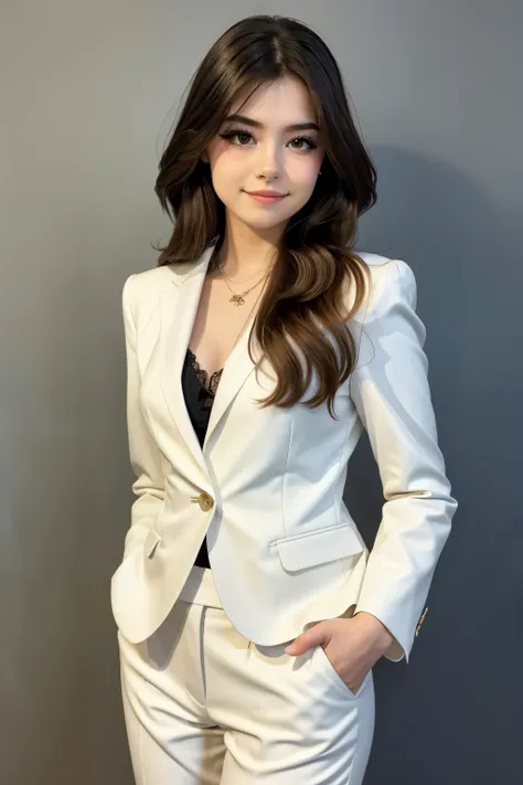 25years old beautiful-looking girl little smile, stylish suit ,(( one standing Celeste Verona looking at camera)), simple one colour background