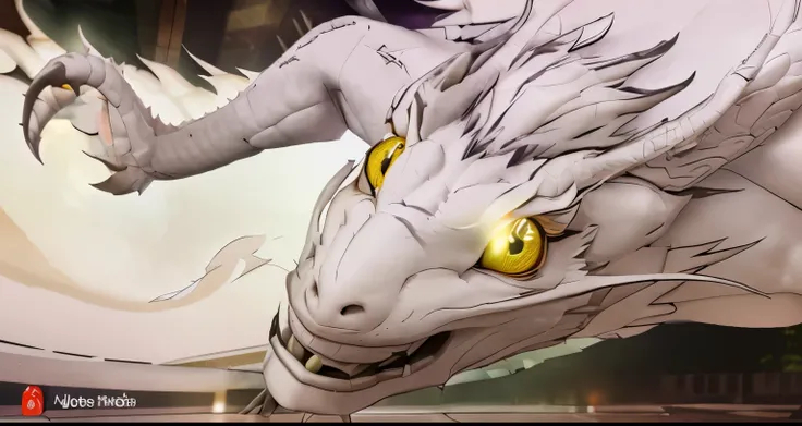 white dragon with white fur and yellow eyes facing front view 