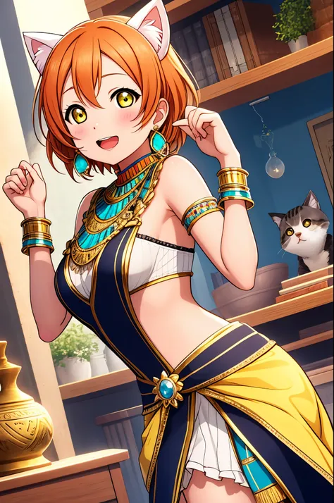 masterpiece, best quality,(hoshizora rin:1.000),  yellow eyes, orange hair, (breasts:0.996), (jewelry:0.994), (cat ears:0.994), (egyptian clothes:0.950), (pelvic curtain:0.788), (bracelet:0.756),(cat girl:0.692), (earrings:0.671), (egyptian:0.618), (ring:0...