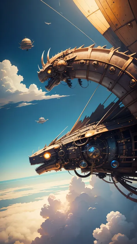 steampunkai。A giant mechanical dragon、Fly between floating islands floating in the sky。aerial perspective。The background is blue sky and white clouds。