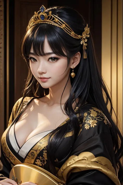 (8K,Photoreal　born写真　highest quality;1.4) 1 mature female,Super beautiful(lifelike face) ,(long black hair),清楚なQueen,Gorgeous black Japanese women&#39;s traditional costume,seduce the viewer,beautiful expression,narrow eyes,moist black eyes,Queenのメイクアップ,(Q...