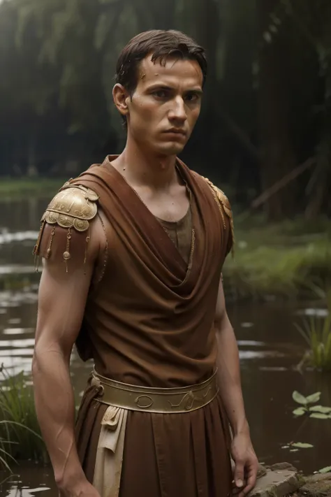 Rome, 77 BC. A young ((((19-year-old)) Julius Caesar)), hiding in the swamps, ill, sick, too thin, ((cold, determined expression)). ((((roman clothings from the 1st century BC))))