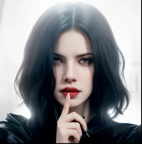 a woman vampire, Underworld Selena, pale fair skin, Put your index finger up in front of your lips, Evil expression, chiaroscuro, cinematic lighting, UHD, best quality, textured skin, high details, anatomically correct, ccurate, 8k