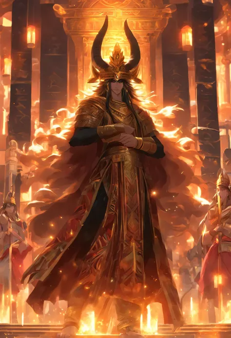 (((King of Babylon))) best quality, ultra-high resolution, 4K detailed CG, master piece, man, black hair, standing, crown with horns, four horns, Babylon, Babylonian clothing, Babylonian mythology,(( Crown with four horns))Babylonian image style, aesthetic...