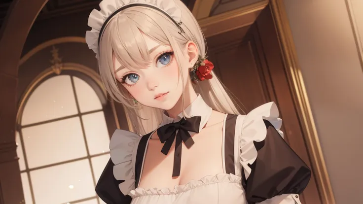 european beauty, maid outfit, aristocrat, anime style, bright, perfect face, medium shot