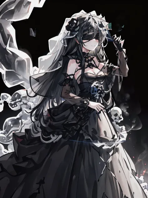 character//1 girl,(Shiny black hair that shines blue-black:1.2),((curly long hair:1.2)),((blindfold:1.5)),BREAK//((jet black wedding dress:1.3)),(A black dress with lots of frills and different hem lengths at the front and back.:1.4),((transparent black ve...