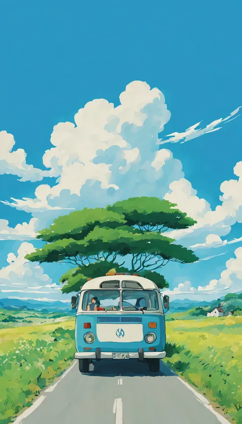 (minimalism:1.4), a minibus on the road, studio ghibli art, miyazaki, pasture with blue sky and white clouds