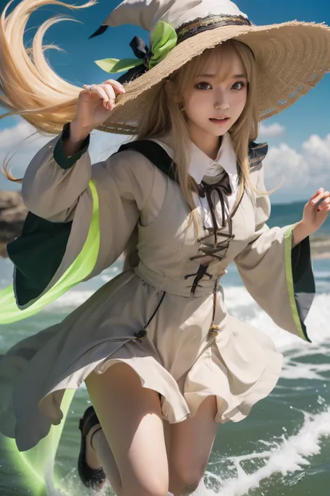 wind-covered female idol body esbian、、wind-covered wizard fashion、witch hat、full body esbian、light blonde hair、wind blade、fluore...