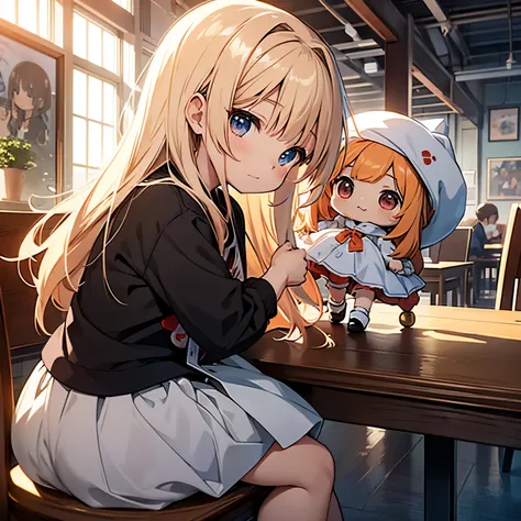 Anime girl sitting at a table with a doll and an orange、small loli girl、splash art anime loli、Cute girl anime visual、small curvaceous 、in a dress、cute animeの女の子、cute anime、、anime moe art style、official artワーク、official art、cute art style、zerochan art、young ...