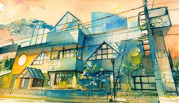 museum、watercolor painting、beautiful nature、bright building