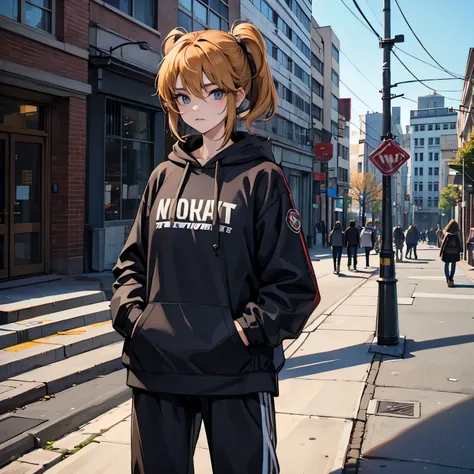 a girl wearing hoodie and baggy pants standing on street, day time