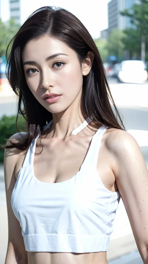 ((Realistic lighting, best quality, 8k, masterpiece: 1.3)), clear focus: 1.2, 1 girl, Perfect body: 1.4, slim abs: 1.1, ((dark brown hair)), (white crop top: 1.4), (outdoor, night: 1.1), city street, The face is super delicate, beautiful eyes, double eyeli...