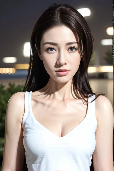 ((Realistic lighting, best quality, 8k, masterpiece: 1.3)), clear focus: 1.2, 1 girl, Perfect body: 1.4, slim abs: 1.1, ((dark brown hair)), (white crop top: 1.4), (outdoor, night: 1.1), city street, The face is super delicate, beautiful eyes, double eyeli...