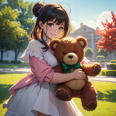 (best quality,4k,8k,highres,masterpiece:1.2),ultra-detailed,(realistic,photorealistic,photo-realistic:1.37),Illustration,Octane Render,morning park,a  walking with a teddy bear, the girl has a bun hairstyle and a smiling face, vibrant colors, soft sunlight...