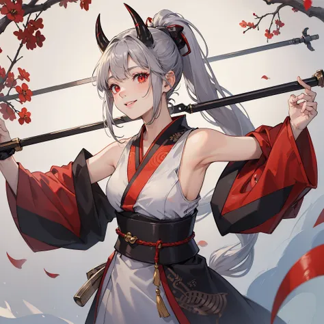 (masterpiece, best quality:1.2), (1girl, solo), 16years old, upper body, sleeveless kimono, (gray hair, ponytail), (black demon horns, red eyes), smile, normal ears, archery