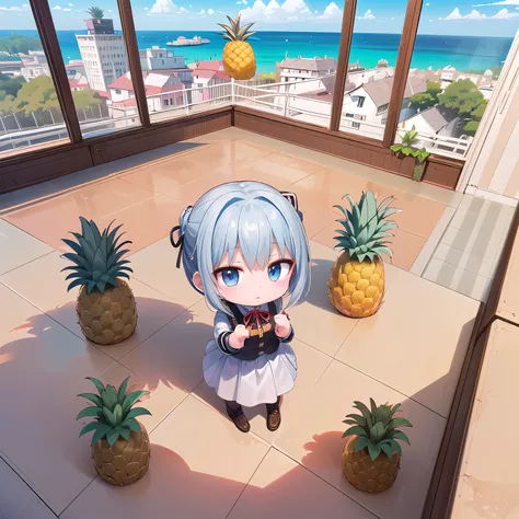 ((Chibi, miniature, REAL, pineapple, 3DCG, Nendoroid, 1 girl: 1.3)) ,(Masterpiece, almond-shaped eyes, glossy white-blue hair, short chignon hair, top quality, carefully drawn fingertips, beautiful anatomy : 1.4), (half body: 1.3), (Red cheeks, indifferenc...