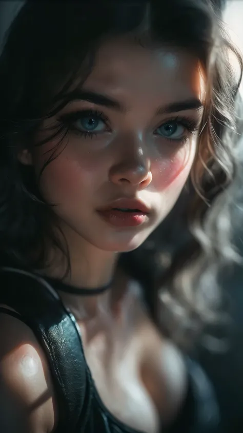 (((ultra realistic))) Photo, masterpiece, top quality, pale skin, (Ultra detailed face and eyes:1.2), 1 girl, gloomy atmosphere, Dark background, (Eye makeup, mascara) , ((Dark wavy hair)) , ((Stylish hairstyle)) , Natural breasts, [[Slim waist, slender bo...