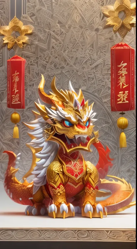 （golden chinese dragon，dragon cub mascot, red clothes, China bows, welcome, many gold medals, Send red envelopes, confetti, A strong festive atmosphere, Chinese elements），White background，(paper art, Quilted paper art:1.2, geometry:1.1, Zentangle,3d render...